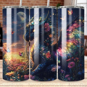 Seamless Black Dragon Wildflower 20 oz Skinny Tumbler Sublimation Design, Dragon Tumbler Wrap, PNG Digital Download