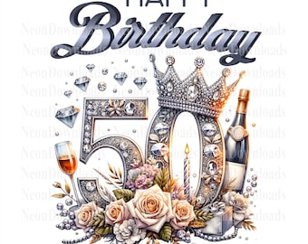 Happy Birthday 50th PNG, Fifty and Fabulous, 50th Birthday Tshirt Design, Vintage Diamond Birthday Design, Digital Png Download