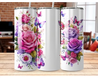 Vaso personalizado con rosas PNG, envoltorio de mariposas, diseño para añadir tu nombre, vaso delgado de sublimación de 20 oz