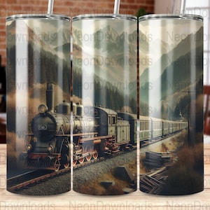 Vintage Train Tumbler Wrap, Steam Engine 20oz Skinny Tumbler PNG, Mountain Landscape Sublimation Designs, Train Lover Gift