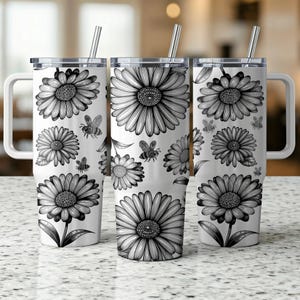 Daisy Flower Tumbler Laser Engrave SVG, Full Wrap Design for 40oz Tumbler, Digital Download, Seamless Design, SVG and PNG For Rotary