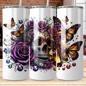 Skull Butterfly 20oz Skinny Tumbler Sublimation Design, PNG Digital Download, Gothic Skeleton Tumbler Wrap Png, Instant Download