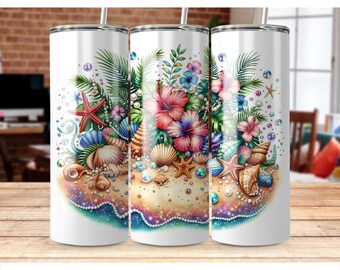 Beach Hibiscus Flower 20 oz Skinny Tumbler Sublimation Design Digital Download PNG, Tropical Summer Tumbler Wrap Png Instant Download