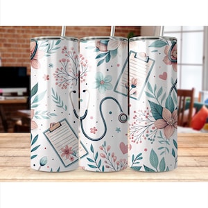 Floral medische 20oz mager Tumbler sublimatie ontwerp, verpleegkundige stethoscoop digitale download PNG beker wrap png, Instant Download