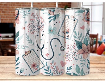 Diseño de sublimación para vaso delgado floral médico de 20 oz, estetoscopio de enfermera, descarga digital PNG, envoltura para vaso, descarga instantánea