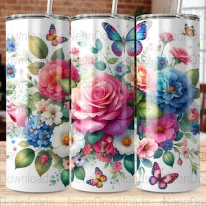 Seamless Roses 20oz Skinny Tumbler Floral Spring Sublimation Design, PNG Digital Download, Butterflies Tumbler Wrap Png, Instant Download