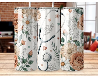 Floral Medical 20oz Skinny Tumbler Sublimation Design, Nurse Stethoscope Digital Download PNG Tumbler Wrap Png, Instant Download