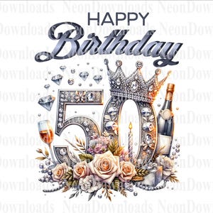 Happy Birthday 50th PNG, Fifty and Fabulous, 50th Birthday Tshirt Design, Vintage Diamond Birthday Design, Digital Png Download