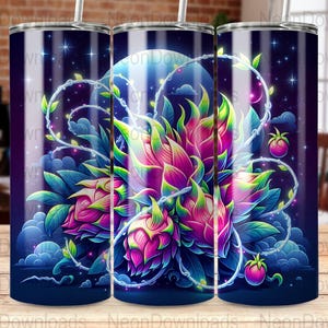 Seamless Neon Dragonfruit 20oz Skinny Tumbler Sublimation Design, PNG Digital Download, Whimsical Fantasy Tumbler Wrap Png, Instant Download