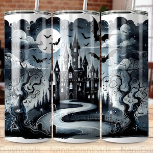 Spooky Castle Tumbler 20oz Skinny Tumbler Sublimation Design, PNG Digital Download, Halloween Bats Tumbler Wrap Png, Instant Download