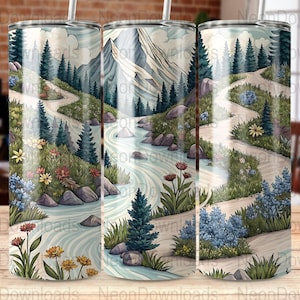 Hiking Mountain Stream Nature Landscape 20oz Tumbler Wrap, Digital Download Skinny Tumbler, Sublimation Design, Outdoor Scenery Tumbler