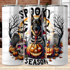 Gruselige Saison Deutscher Schäferhund Tumbler Wrap, Halloween Hund 20 Unzen Skinny Tumbler, Kürbis Schädel Fledermaus, digitaler Download, Sublimation PNG