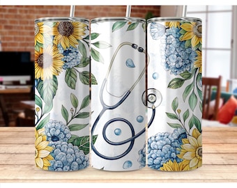 Floral Medical 20oz Skinny Tumbler Sublimation Design, Nurse Stethoscope Digital Download PNG Tumbler Wrap Png, Instant Download
