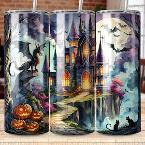 Spooky Castle Tumbler 20oz Skinny Tumbler Sublimation Design, PNG Digital Download, Halloween Dragon Tumbler Wrap Png, Instant Download