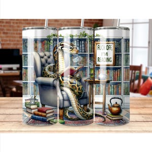 Seamless Snake Reading Tumbler Wrap, Reticulated Python Snake Sarcastic Book Lover 20oz Skinny Tumbler Sublimation Digital PNG Download
