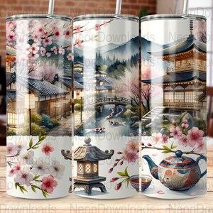 Japanese Village 20oz Skinny Tumbler Sublimation Design, PNG Digital Download, Cherry Blossom Tumbler Wrap Png, Instant Download