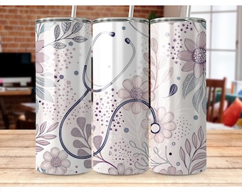 Floral Medical 20oz Skinny Tumbler Sublimation Design, Nurse Stethoscope Digital Download PNG Tumbler Wrap Png, Instant Download