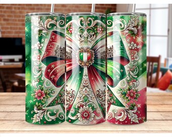 Italien Sublimationsbecher Design, italienische Flagge Kokette Bogen 20 Unzen Tumbler Wrap PNG, Italien Flagge Kunst Skinny Tumbler Digitaler Download