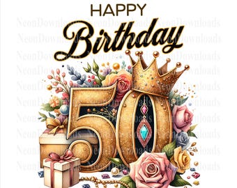 Happy Birthday 50th PNG, Fifty and Fabulous, 50th Birthday Tshirt Design, Vintage Diamond Birthday Design, Digital Png  Download