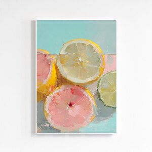 May include: A vibrant painting of citrus fruit slices submerged in water. The composition features a yellow lemon, pink grapefruit, and a green lime, with a light blue background. The artwork evokes a refreshing and summery feel.
