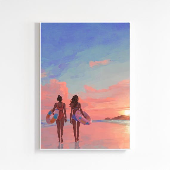 Two Girls Walking on the Beach Wall Art – Friends Illustration and