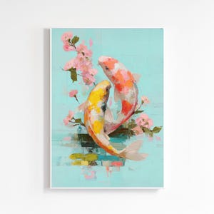 Puede incluir: Una pintura artística de dos peces koi, uno amarillo y otro naranja, nadando juntos. Los peces están rodeados de flores de cerezo rosas sobre un fondo azul claro. La obra de arte tiene un estilo texturizado y pictórico.