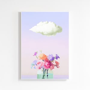 May include: An art print depicting a vibrant bouquet of flowers in a glass vase, set against a pastel backdrop. A fluffy cloud is positioned above the flowers, creating a tranquil and artistic scene.