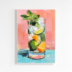 May include: A vibrant painting of a refreshing cocktail in a tall glass. The drink features ice, lime and orange slices, and fresh mint. The background is a blend of pink and orange hues, with a blue surface below the glass.