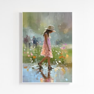 May include: An impressionistic painting of a young person in a pink dress and straw hat walking through a field of flowers. The artwork has a soft, blurred style with reflections in the water.