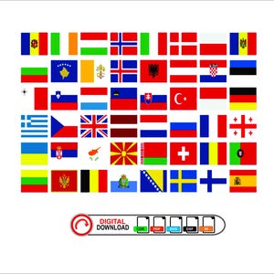 Puede incluir: Una colección de banderas nacionales de varios países, dispuestas en una cuadrícula. Las banderas son rectangulares y presentan diversos colores y diseños. La imagen incluye el texto "DESCARGA DIGITAL" e iconos de tipo de archivo.