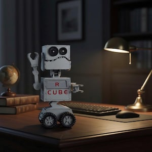 Pode incluir: Um pequeno robô cinza claro com o texto "R CUBE" no corpo. O robô tem uma cabeça quadrada com dois elementos circulares semelhantes a olhos e um braço mecânico. Está sobre uma mesa de madeira com uma lâmpada, teclado e rato.