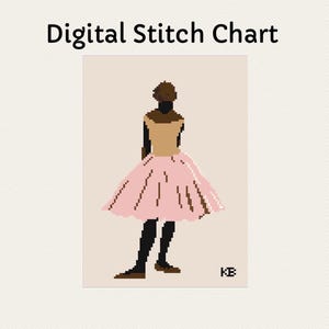 May include: Digital stitch chart featuring a black silhouette of a person wearing a pink tutu and a brown top. The person is standing with their back to the viewer. The chart is signed "KB".