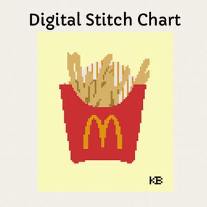 May include: A digital cross stitch pattern of a red and yellow McDonald's french fry container with a pile of golden brown french fries inside.