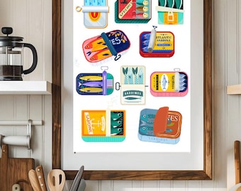 Sardine Print, Digital Poster, Kitchen Wall Art, Retro Food Art, Retro Kitchen Decor, Fish Wall Art, Seafood Wall Art, Sardines Tin Print