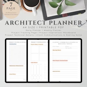 May include: A printable A4 size planner for architects. The planner includes sections for project technical details, project inspiration, client communications, and meeting notes.