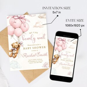 We Can Bearly Wait Invite Editable Boho Bear Baby Shower Pink Balloon Teddy Bear Theme Canva Download