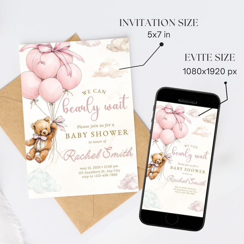 We Can Bearly Wait Invite Editable Boho Bear Baby Shower Pink Balloon Teddy Bear Theme Canva Download