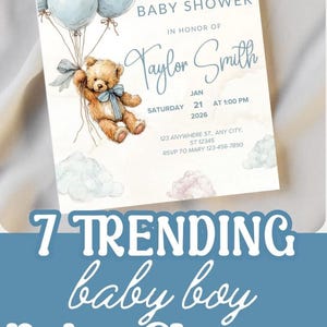 This We Can Bearly Wait Baby Shower Editable Invitation features pale blue balloons in a cute teddy bear theme. Perfect for a boy shower, this boho digital download invite is easy to edit and customize for your celebration.
