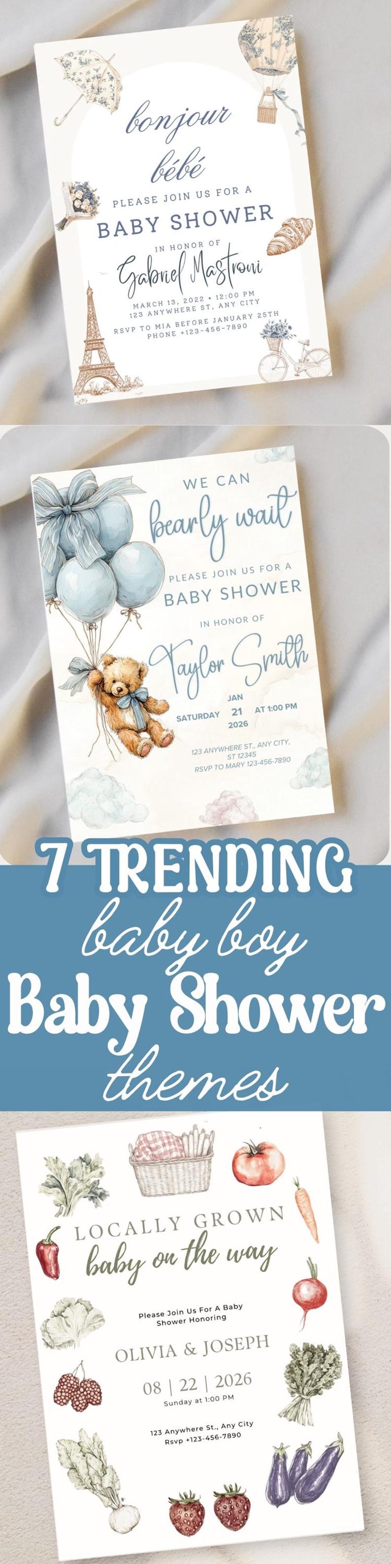 This We Can Bearly Wait Baby Shower Editable Invitation features pale blue balloons in a cute teddy bear theme. Perfect for a boy shower, this boho digital download invite is easy to edit and customize for your celebration.
