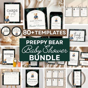 Green Teddy Bear Baby Shower Invitation Bundle Printable Elegant Plaid Bear Girl Boy Shower Bundle Preppy Tartan Vintage Luxury Party Game