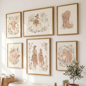 Blush boho cowgirl prints featuring horse and longhorn artwork for a southwest inspired room decor theme.