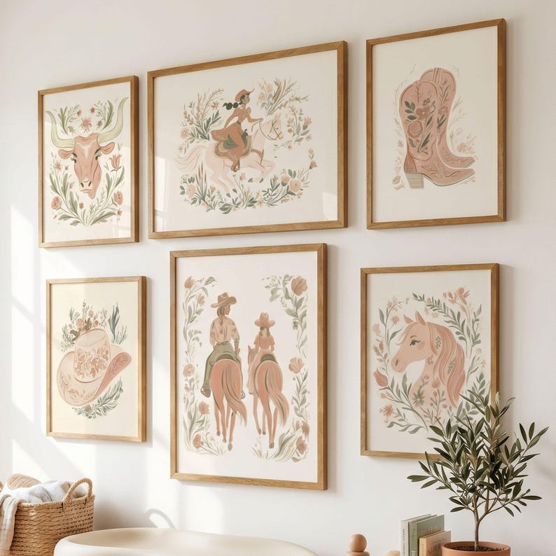 Blush boho cowgirl prints featuring horse and longhorn artwork for a southwest inspired room decor theme.