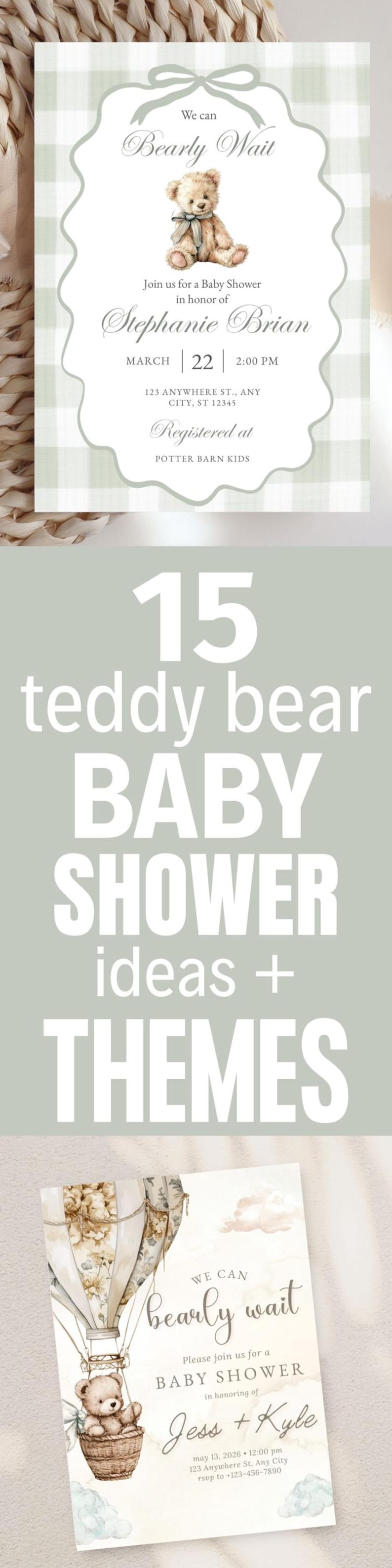 This Bearly Baby Shower invite download features a sage green gingham design with a sweet plaid bear theme. This editable gender neutral shower invitation is perfect for a baby brunch or boy and girl celebration, available as an inviting PDF template.