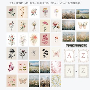 May include: A collection of watercolor floral prints and landscape art. The prints feature various flowers, butterflies, and scenic views in soft pastel colors. The image also includes A-Z letter prints.