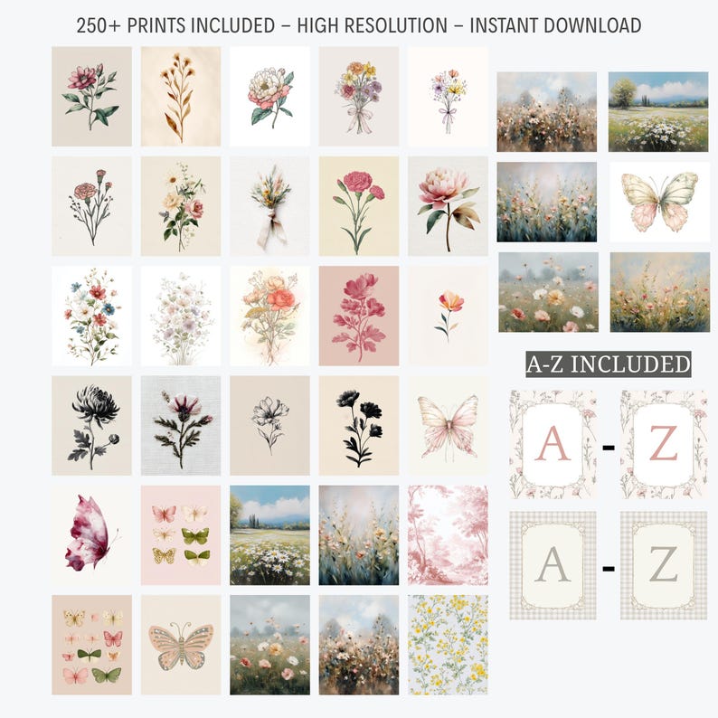 May include: A collection of watercolor floral prints and landscape art. The prints feature various flowers, butterflies, and scenic views in soft pastel colors. The image also includes A-Z letter prints.