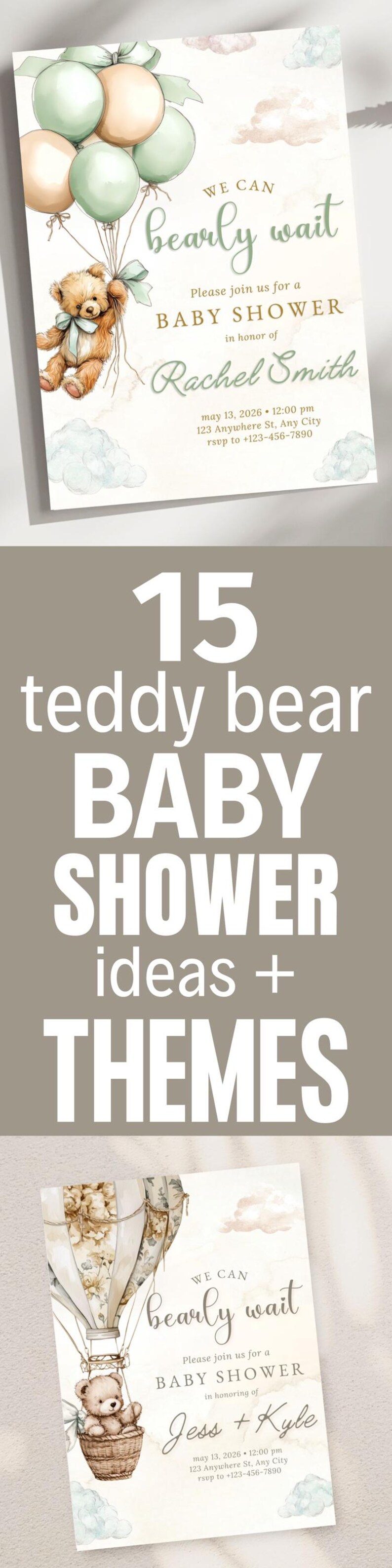 Welcome your little one with this adorable bear baby invitation template featuring a cute teddy baby shower design that's perfect as a gender neutral invite for your upcoming celebration. This editable digital download comes with a printable template showcasing an adorable green balloon bear design that works beautifully for either a cute girl or boy shower.