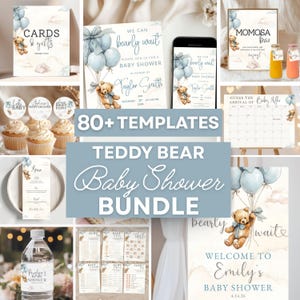 Bear Baby Shower Bundle Editable We Can Bearly Wait Invite Bundle Blue Boy Bear Balloon Shower Game Set Cute Teddy Bear Theme Digital Sign