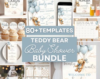 Bear Baby Shower Bundle Editable We Can Bearly Wait Invite Bundle Blue Boy Bear Balloon Shower Game Set Cute Teddy Bear Theme Digital Sign