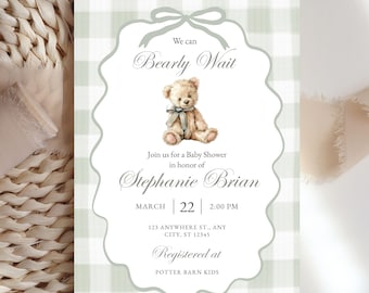 Bearly Baby Shower Invite Download Sage Green Gingham Gender Neutral Shower Invitation Editable Plaid Bear Baby Brunch Boy Girl Inviting PDF