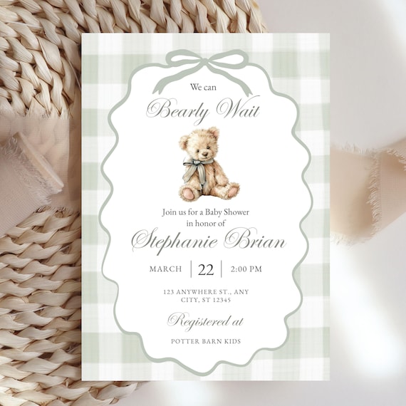 Bearly Baby Shower Invite Download Sage Green Gingham Gender Neutral Shower Invitation Editable Plaid Bear Baby Brunch Boy Girl Inviting PDF